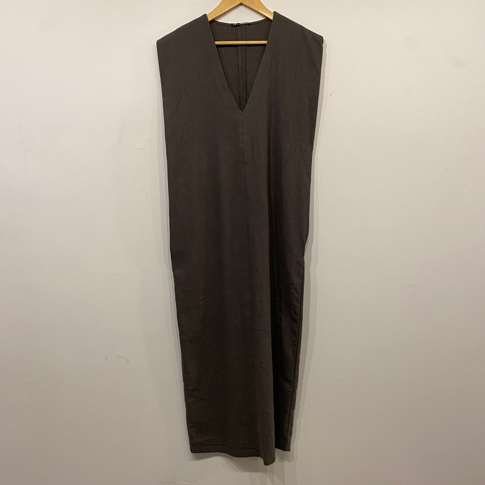 Zara Womens V Neck Sleeveless Maxi Dress Charcoal Grey Minimalist Slit Size S
